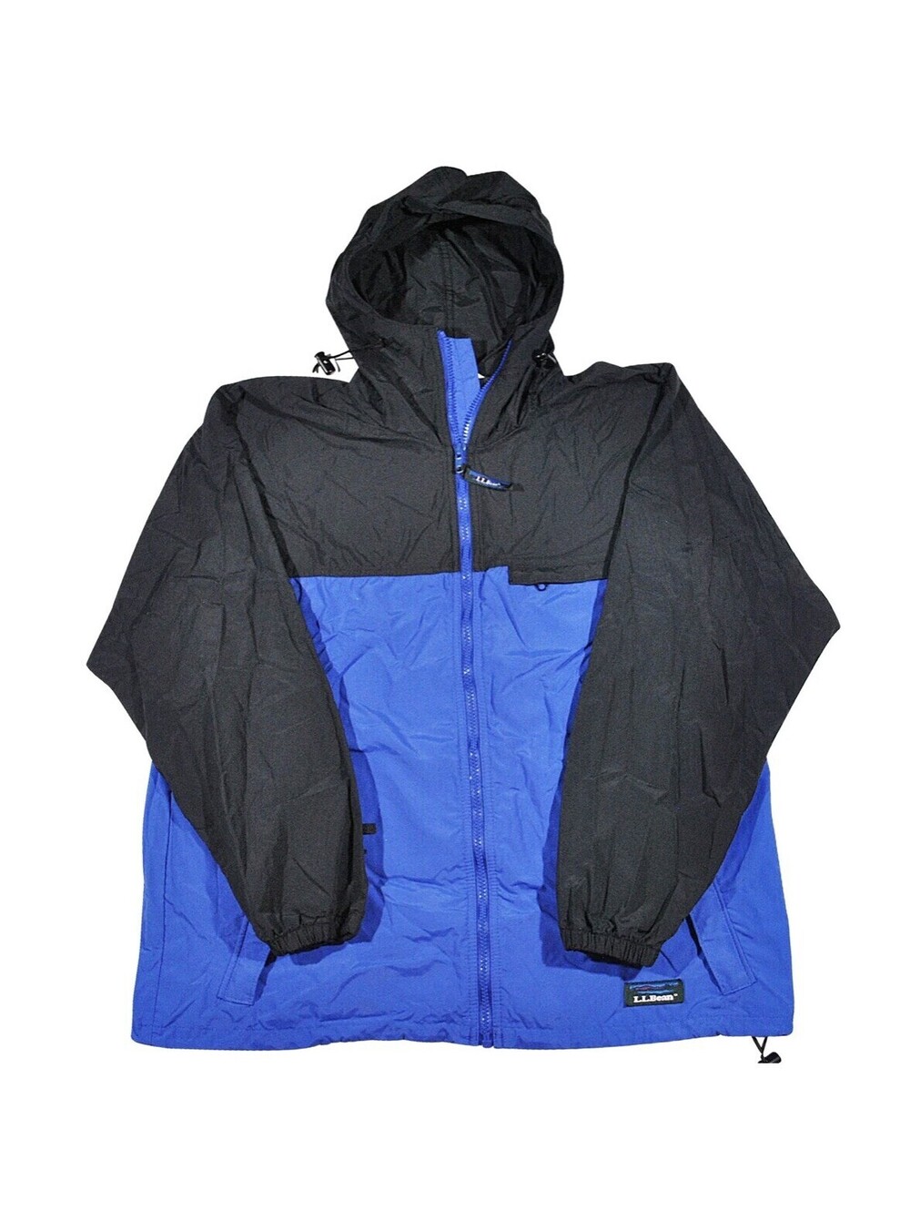 Vintage L.L. Bean Anorak 90s Blue Black Zip Rain Wind Hood Jacket Size Small